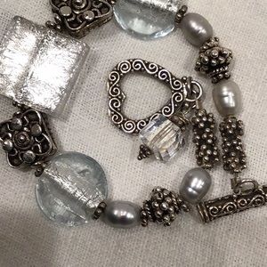 7 1/2” Venetian glass, sterling, pearl bracelet